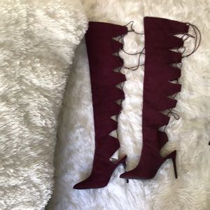 Thigh high heel suede dark purple boots!